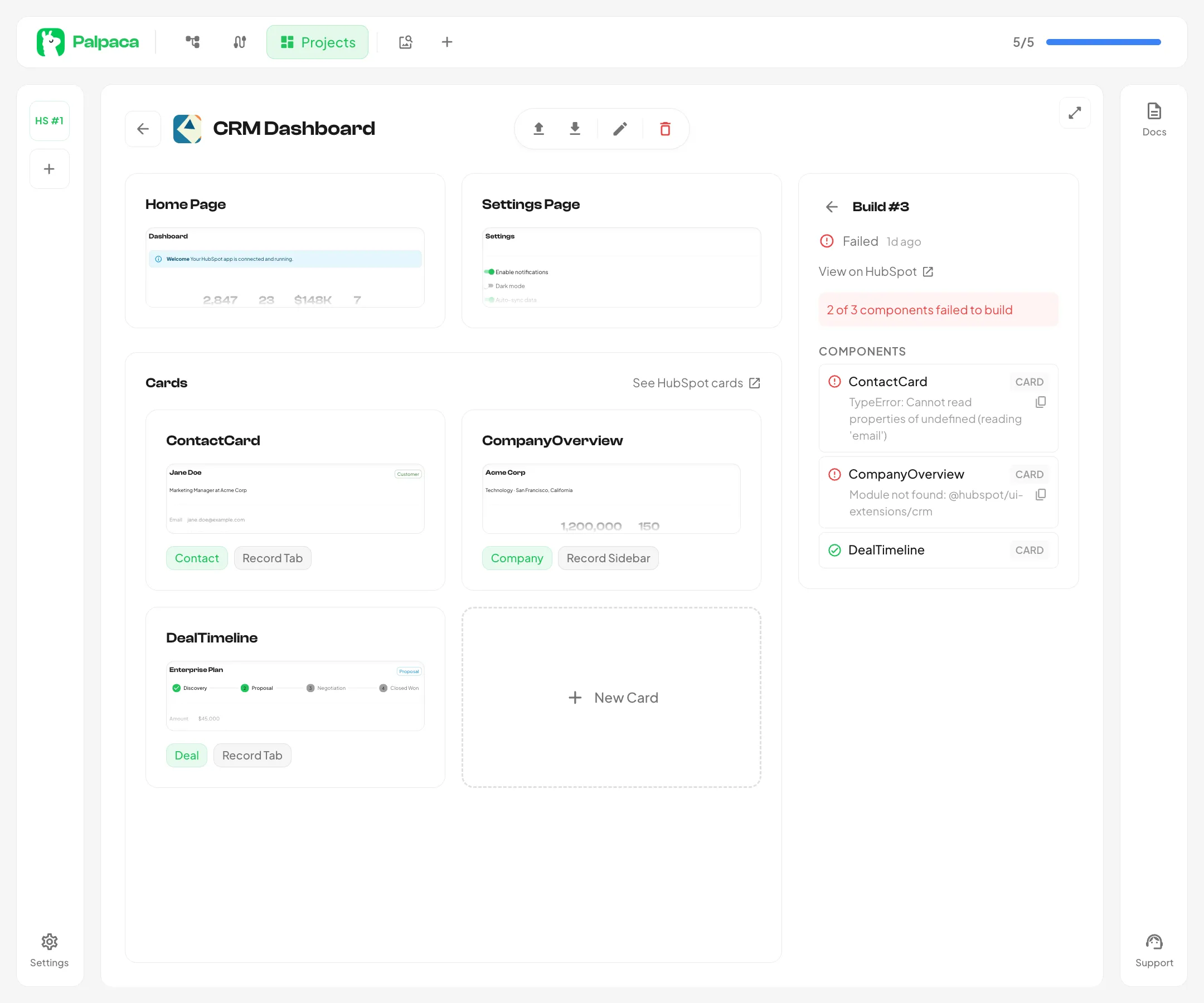 A failed build showing component errors with messages