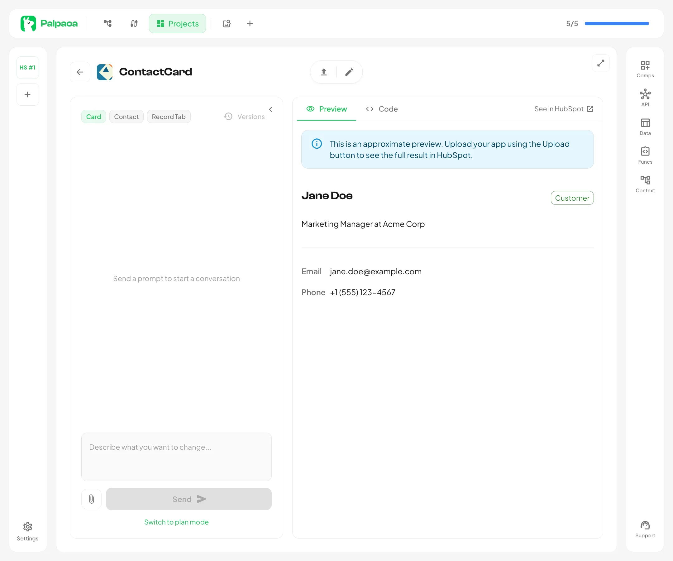 The Preview tab showing a rendered ContactCard component