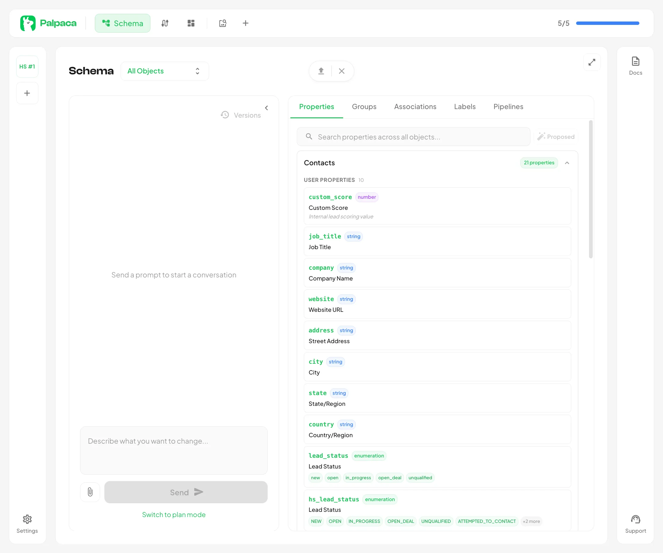 The Properties tab showing user, key, and system properties on the Contacts object