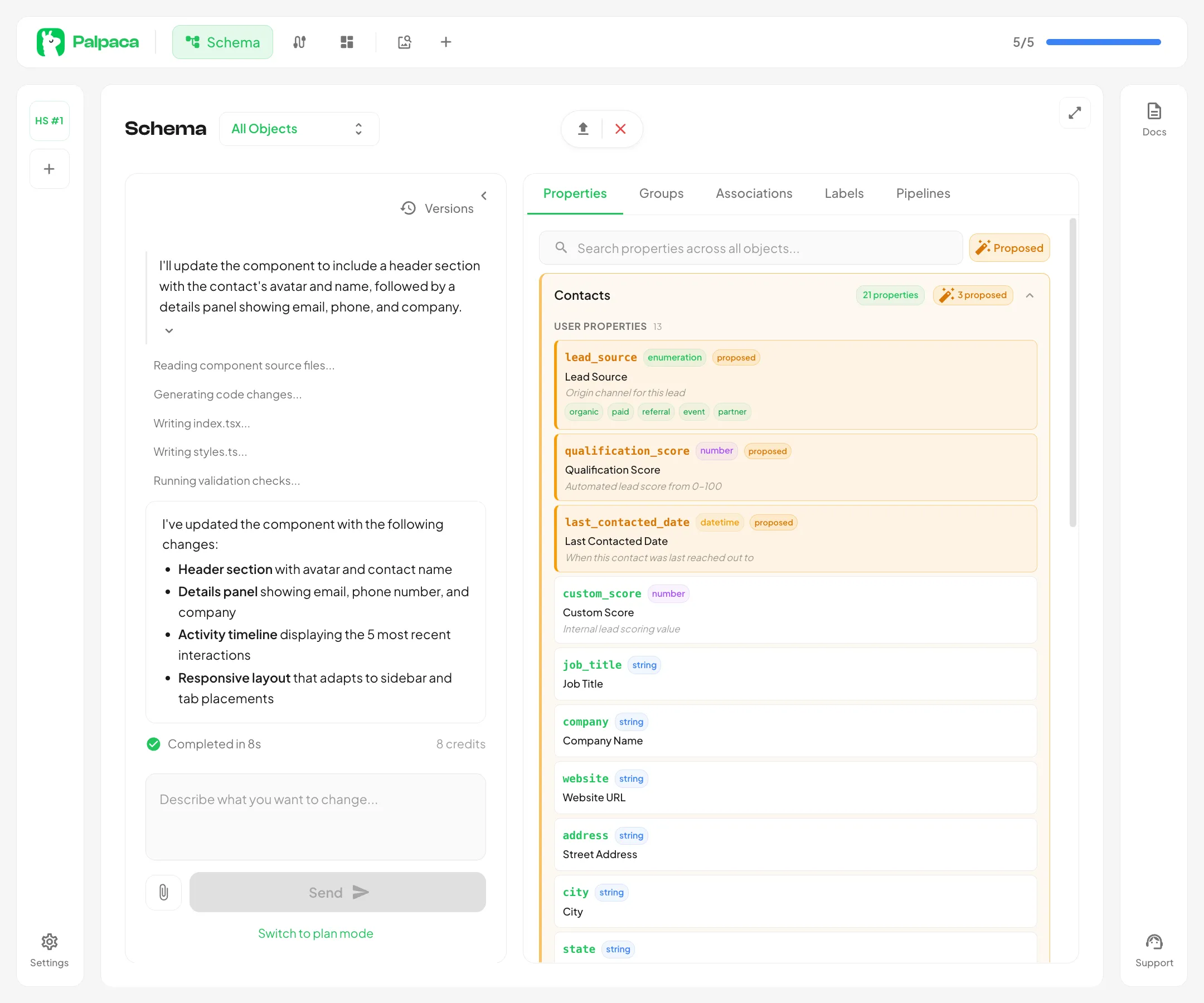The schema page showing proposed properties on the Contacts object