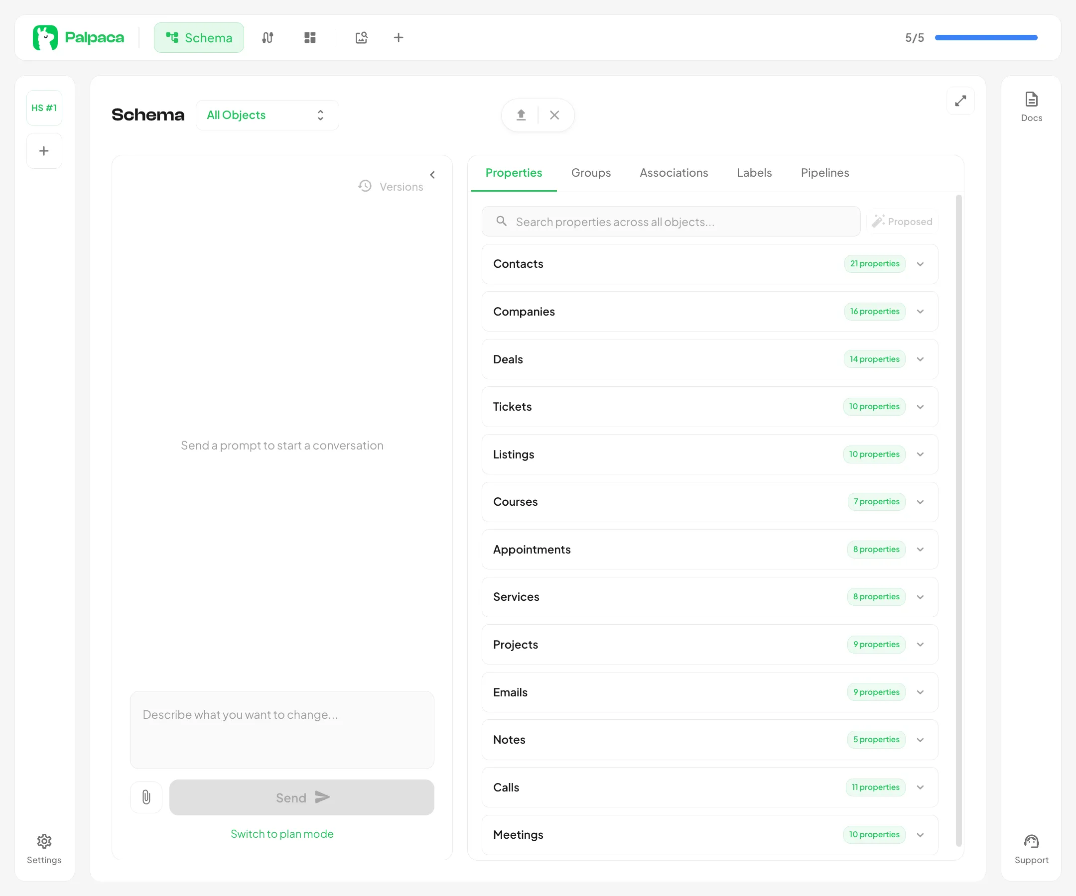 The schema page with agent chat on the left and schema viewer on the right