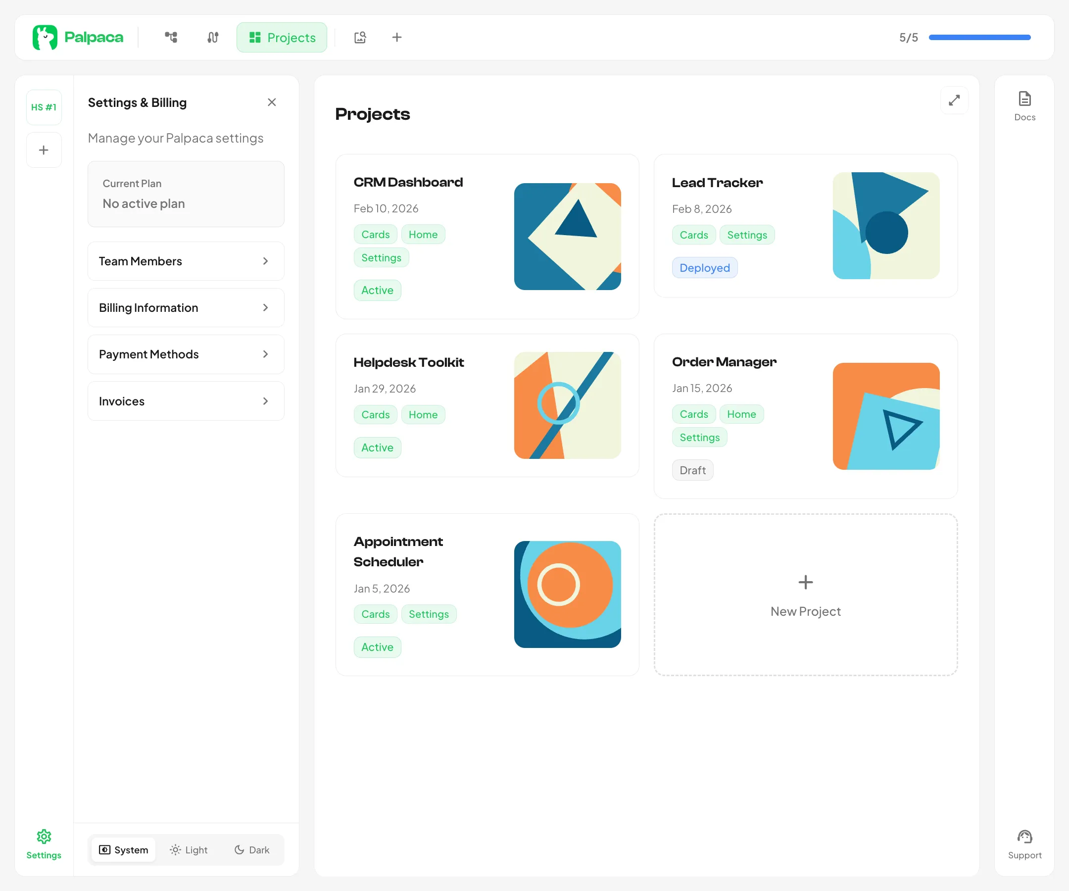 The Settings & Billing panel with plan info and navigation
